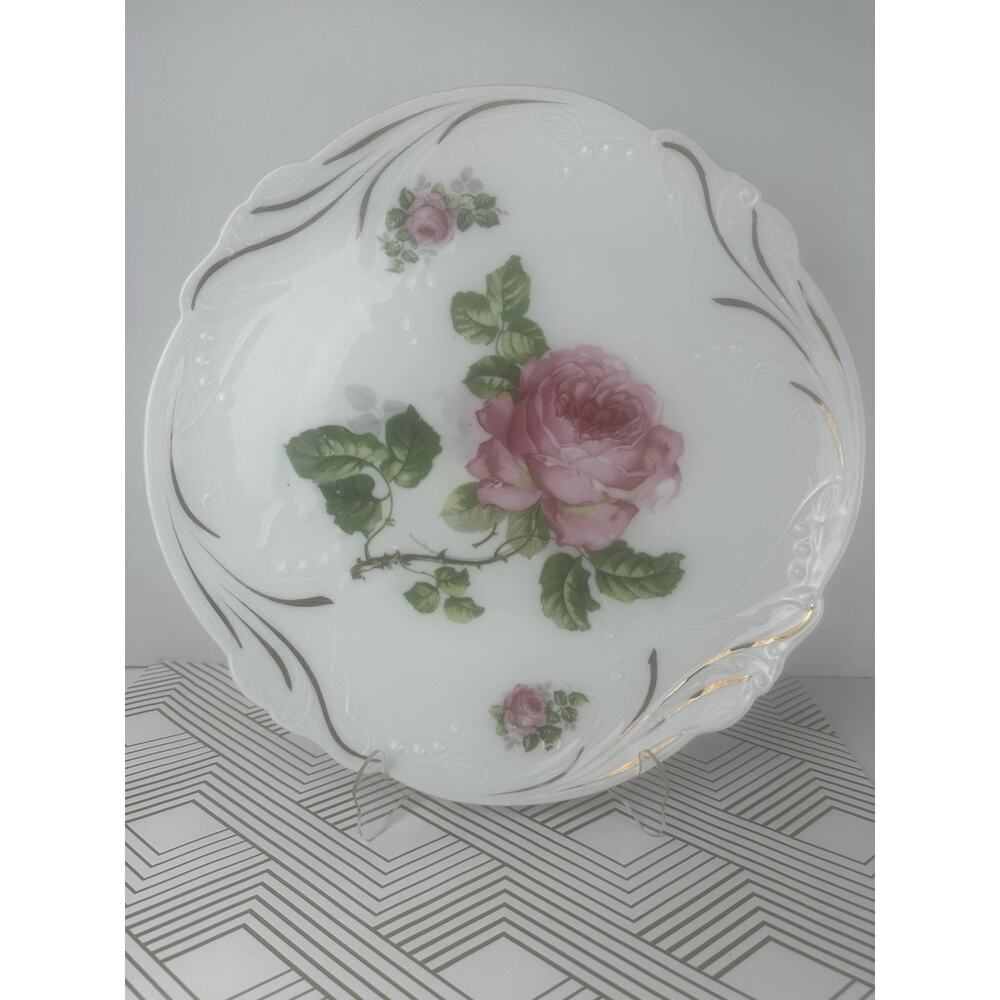 Large Bavaria Antique Serving Tray Pink Roses Embossing Scalloped 12”